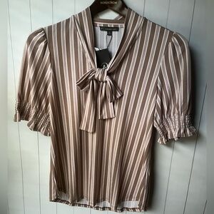 NWT Nordstrom Adrianna Papell Puff Sleeve Striped Bow Neck Blouse